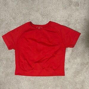 red cropped athleisure t shirt